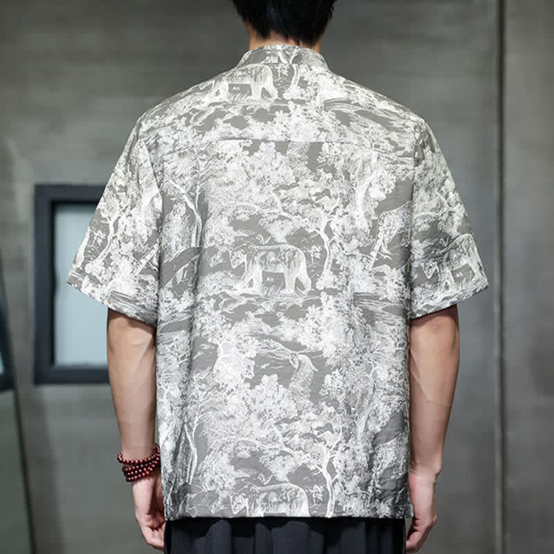 Nimara Ritual Summer Tang Style Frog Button Trees Abstract Pattern Men's Short Sleeve Shirts