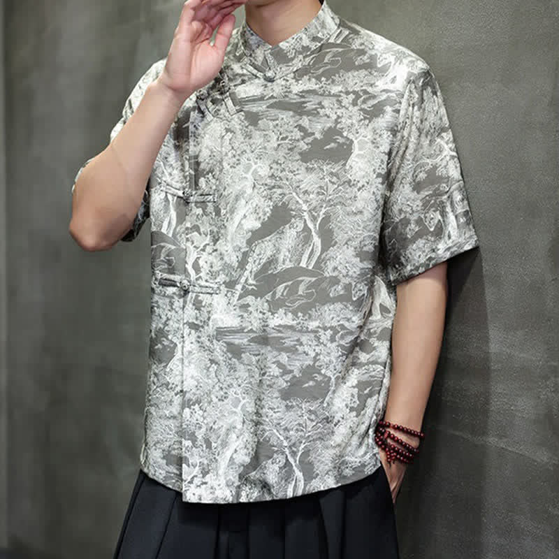 Nimara Ritual Summer Tang Style Frog Button Trees Abstract Pattern Men's Short Sleeve Shirts