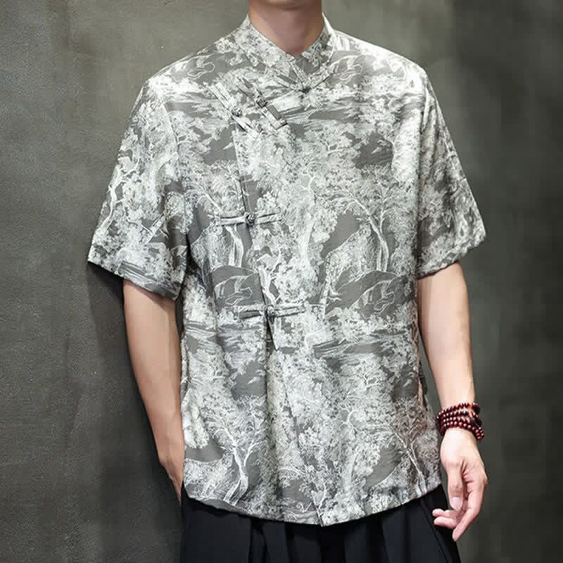 Nimara Ritual Summer Tang Style Frog Button Trees Abstract Pattern Men's Short Sleeve Shirts
