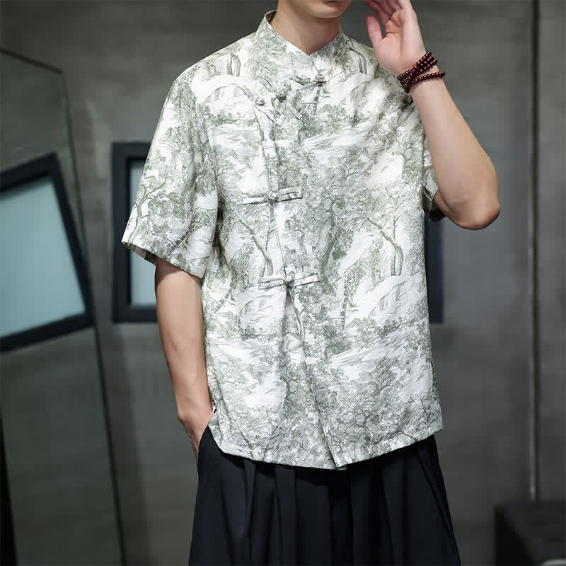 Nimara Ritual Summer Tang Style Frog Button Trees Abstract Pattern Men's Short Sleeve Shirts
