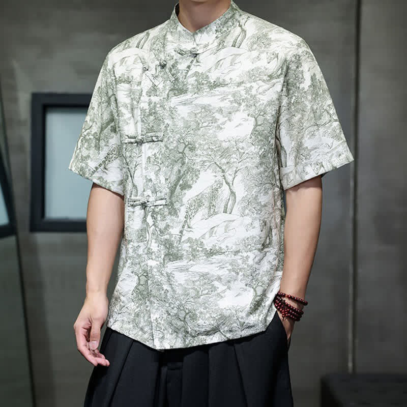 Nimara Ritual Summer Tang Style Frog Button Trees Abstract Pattern Men's Short Sleeve Shirts
