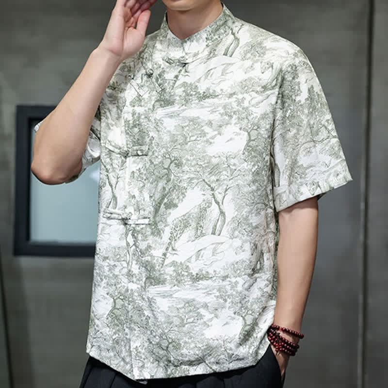 Nimara Ritual Summer Tang Style Frog Button Trees Abstract Pattern Men's Short Sleeve Shirts