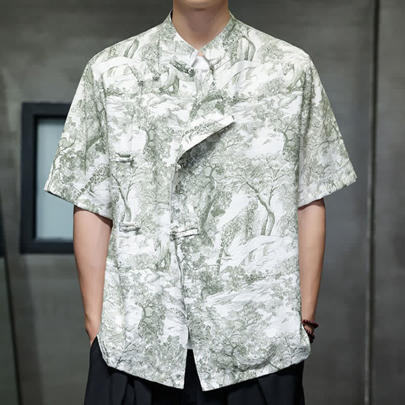 Nimara Ritual Summer Tang Style Frog Button Trees Abstract Pattern Men's Short Sleeve Shirts