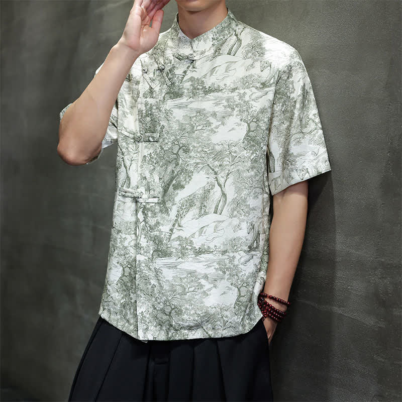 Nimara Ritual Summer Tang Style Frog Button Trees Abstract Pattern Men's Short Sleeve Shirts