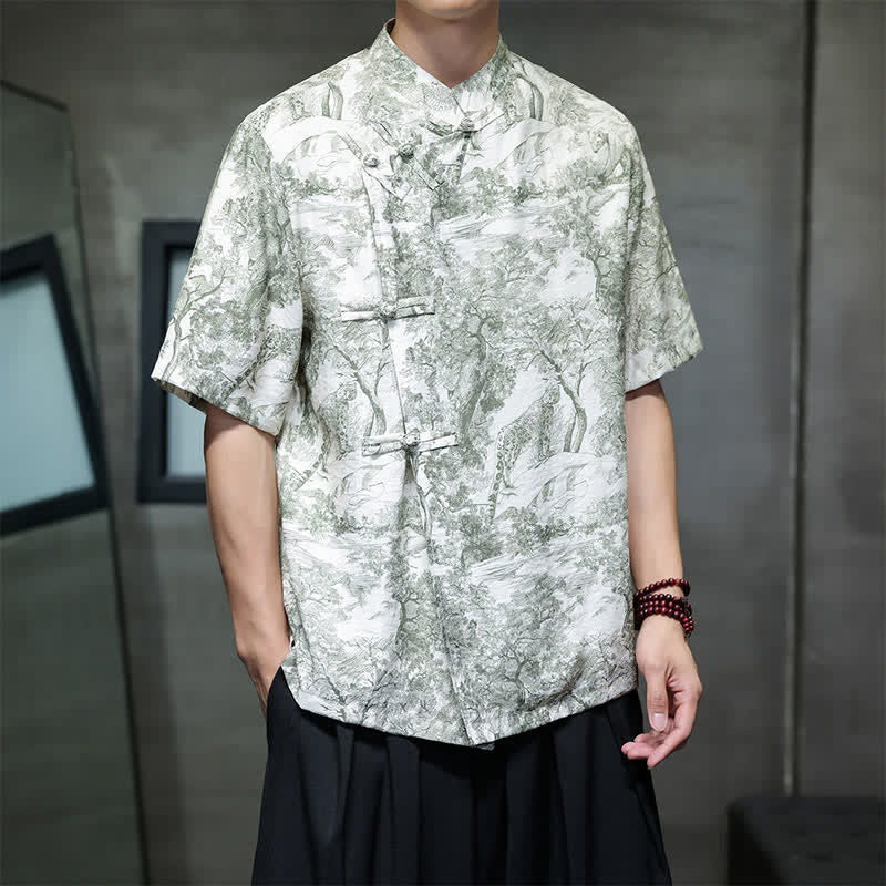 Nimara Ritual Summer Tang Style Frog Button Trees Abstract Pattern Men's Short Sleeve Shirts
