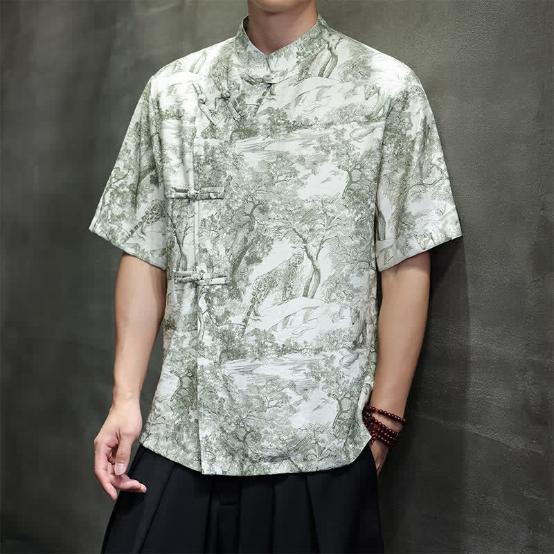 Nimara Ritual Summer Tang Style Frog Button Trees Abstract Pattern Men's Short Sleeve Shirts