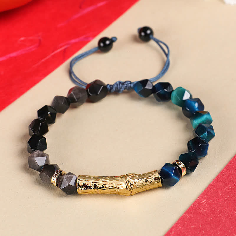 Nimara Ritual Tiger Eye Silver Sheen Obsidian Bamboo Growth Faceted Bracelet