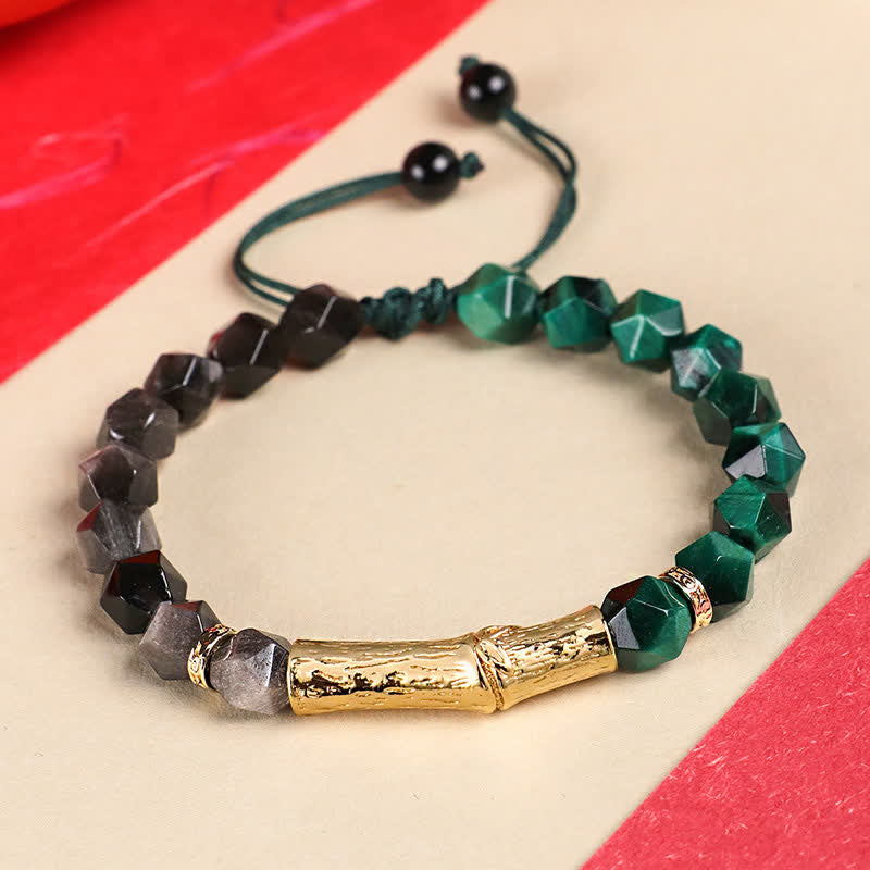 Nimara Ritual Tiger Eye Silver Sheen Obsidian Bamboo Growth Faceted Bracelet