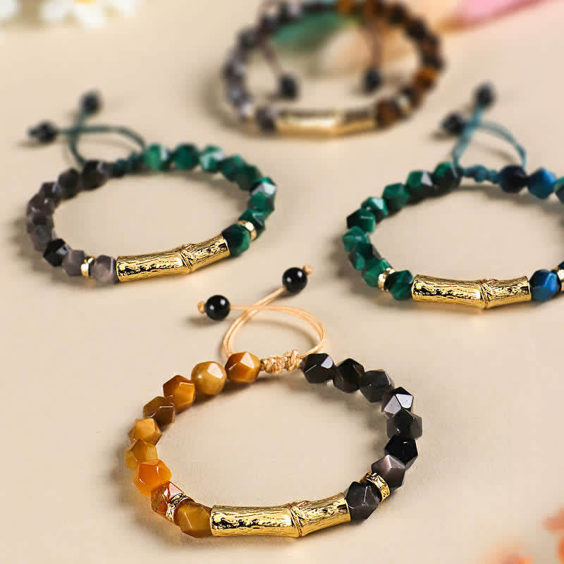 Nimara Ritual Tiger Eye Silver Sheen Obsidian Bamboo Growth Faceted Bracelet