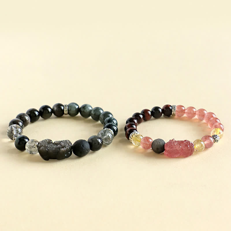 Nimara Ritual Strawberry Quartz And Silver Sheen Obsidian Pixiu Love Hand Carved Couples Bracelet
