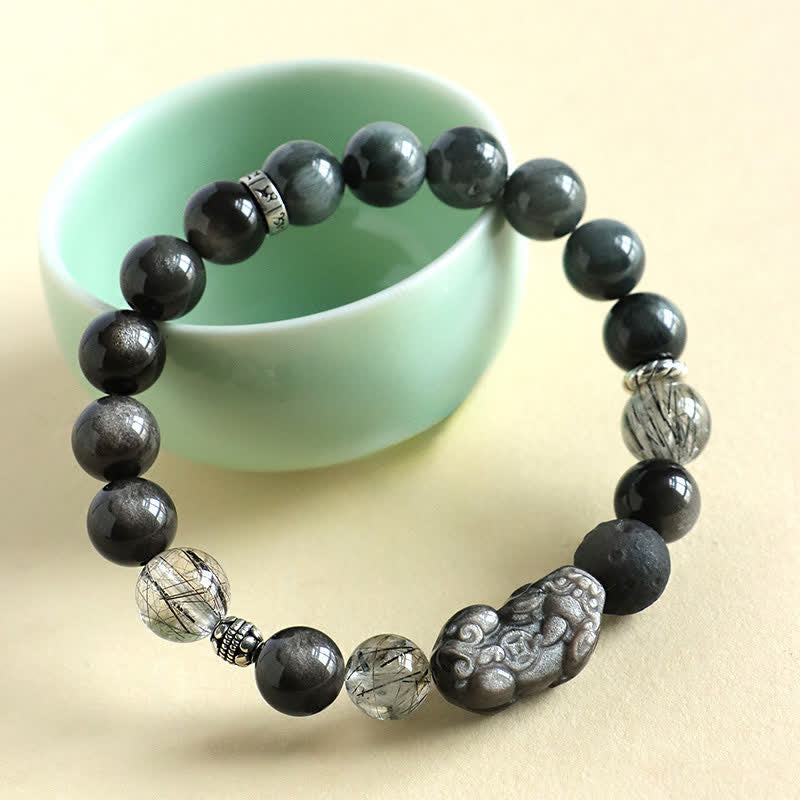 Nimara Ritual Strawberry Quartz And Silver Sheen Obsidian Pixiu Love Hand Carved Couples Bracelet