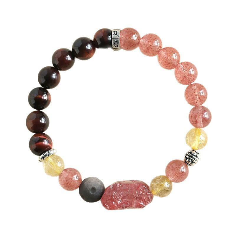 Nimara Ritual Strawberry Quartz And Silver Sheen Obsidian Pixiu Love Hand Carved Couples Bracelet