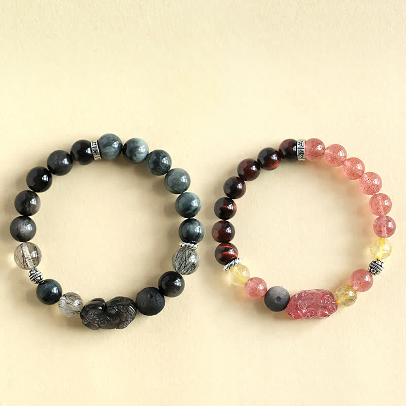 Nimara Ritual Strawberry Quartz And Silver Sheen Obsidian Pixiu Love Hand Carved Couples Bracelet