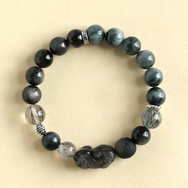 Nimara Ritual Strawberry Quartz And Silver Sheen Obsidian Pixiu Love Hand Carved Couples Bracelet