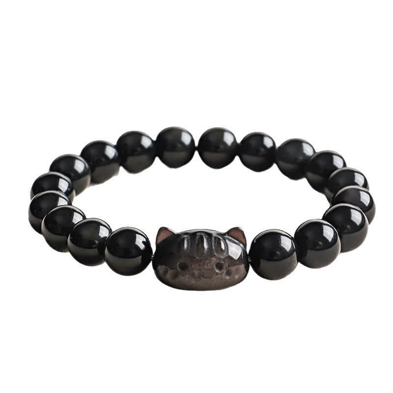 Nimara Ritual Silver Sheen Obsidian Hand Carved Cat Pendant Calmness Handmade Bracelet