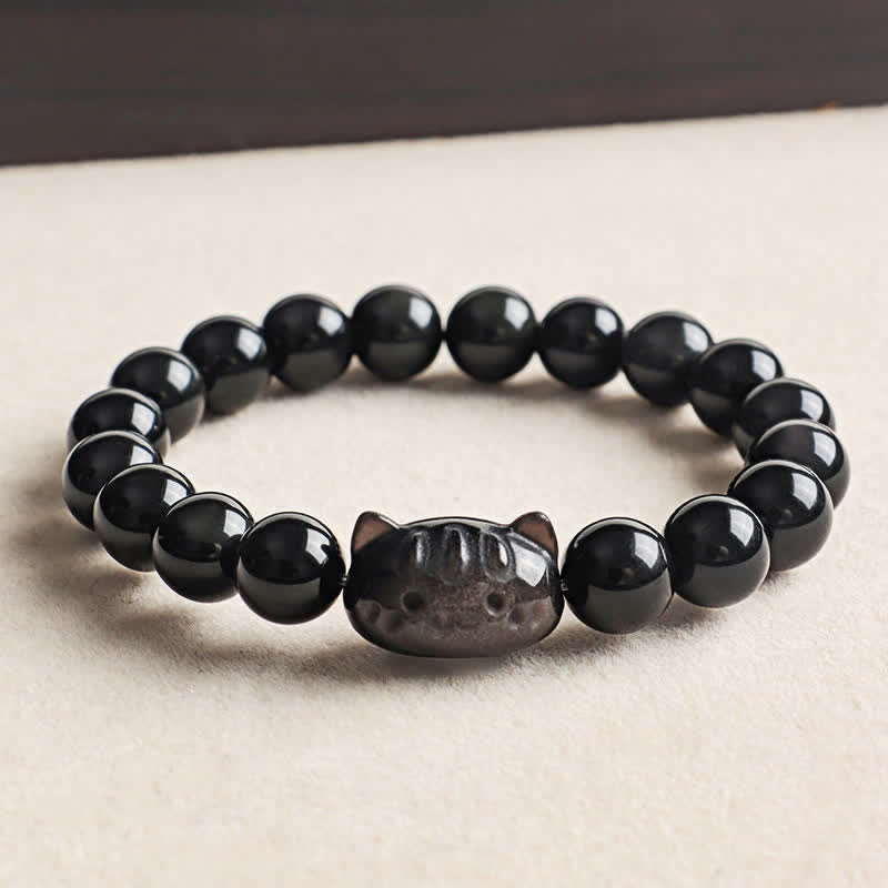 Nimara Ritual Silver Sheen Obsidian Hand Carved Cat Pendant Calmness Handmade Bracelet