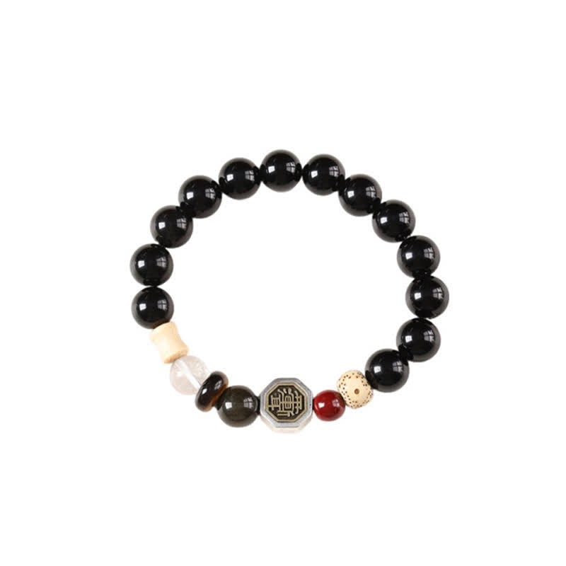 Nimara Ritual Black Obsidian Bagua Protection Tibetan Round Bead Bracelet