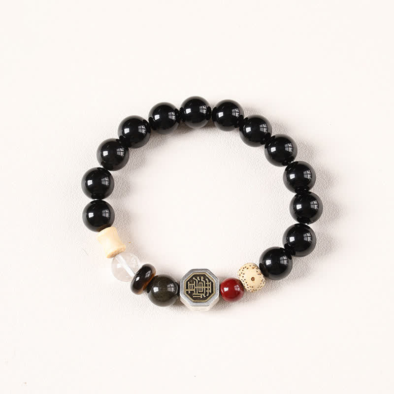 Nimara Ritual Black Obsidian Bagua Protection Tibetan Round Bead Bracelet