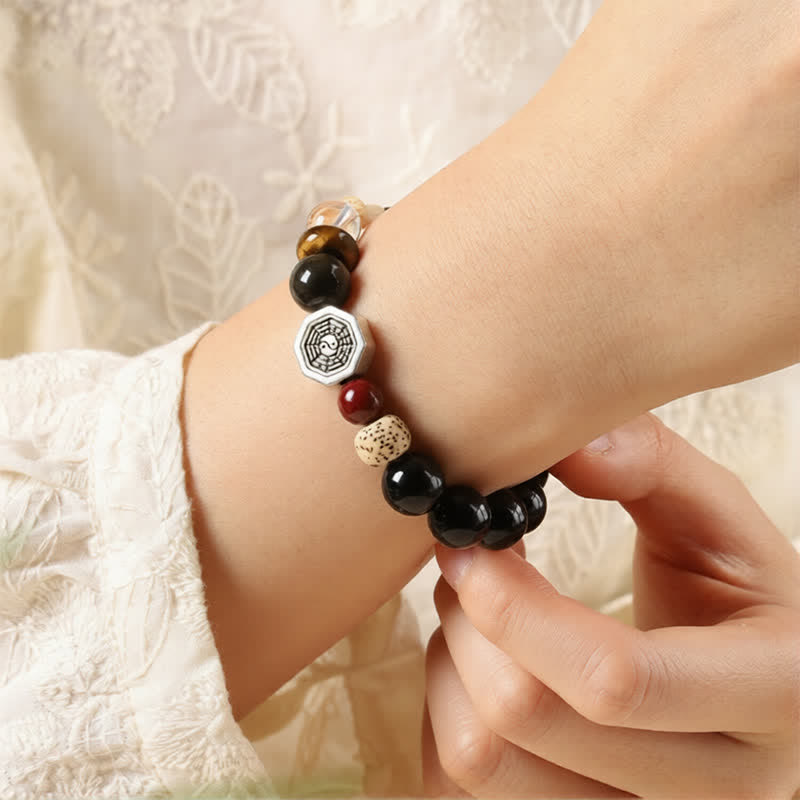 Nimara Ritual Black Obsidian Bagua Protection Tibetan Round Bead Bracelet