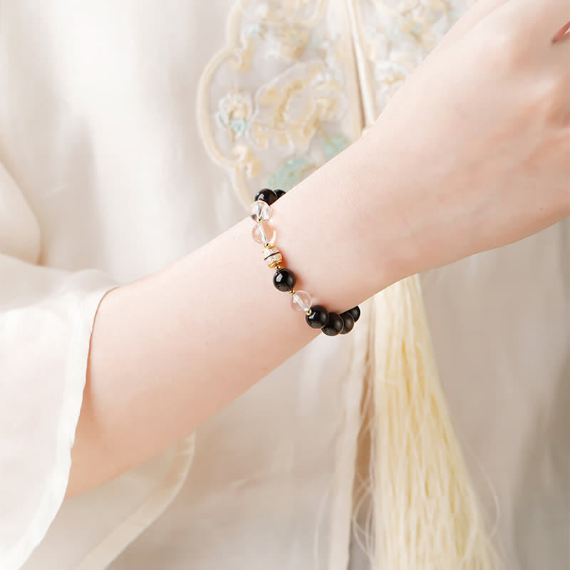 Nimara Ritual Silver Sheen Obsidian Dzi Bead Protection Round Bracelet