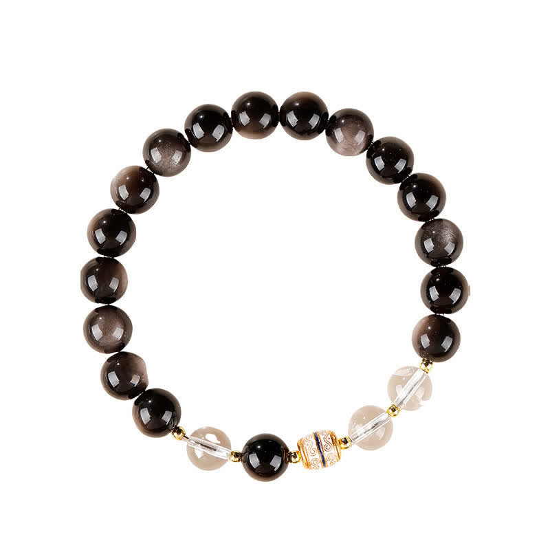 Nimara Ritual Silver Sheen Obsidian Dzi Bead Protection Round Bracelet
