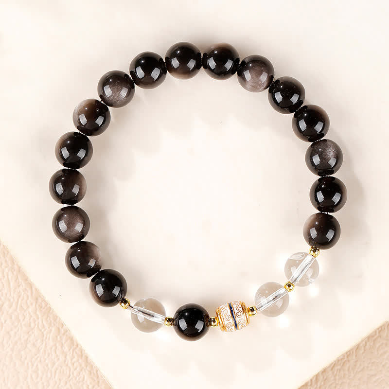 Nimara Ritual Silver Sheen Obsidian Dzi Bead Protection Round Bracelet