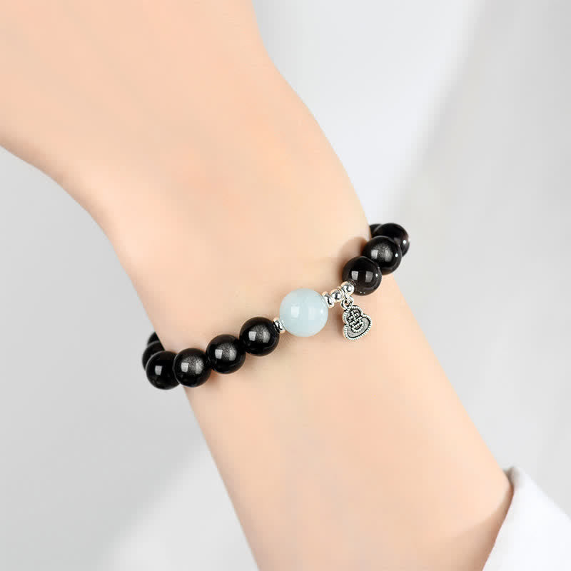 Nimara Ritual Silver Sheen Obsidian Aquamarine Grounding Lucky Gourd Round Bracelet