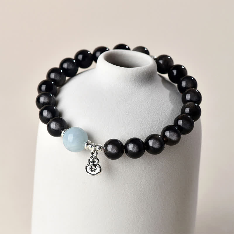 Nimara Ritual Silver Sheen Obsidian Aquamarine Grounding Lucky Gourd Round Bracelet