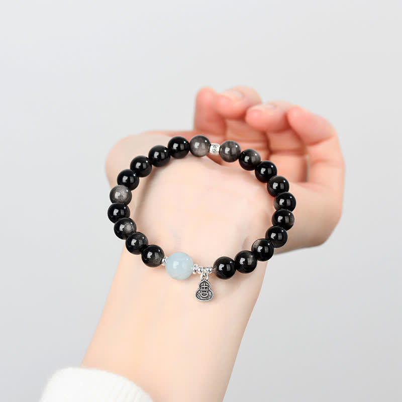 Nimara Ritual Silver Sheen Obsidian Aquamarine Grounding Lucky Gourd Round Bracelet