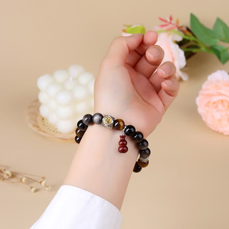 Nimara Ritual Silver Sheen Obsidian Grounding Fu Character Gourd Bracelet