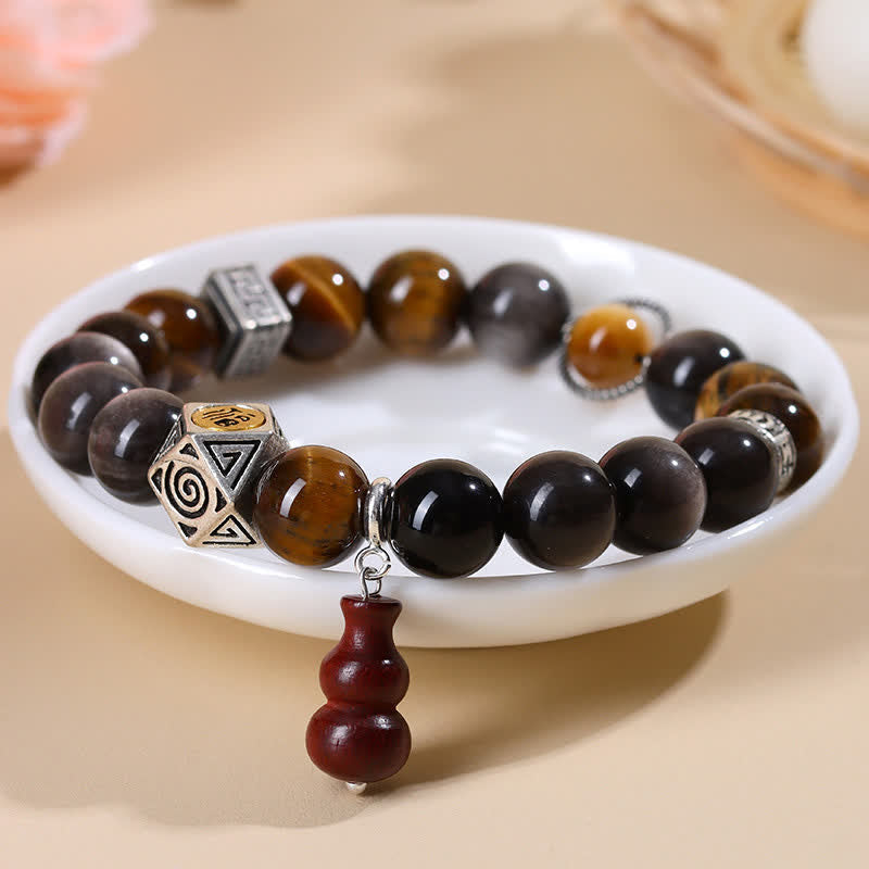 Nimara Ritual Silver Sheen Obsidian Grounding Fu Character Gourd Bracelet