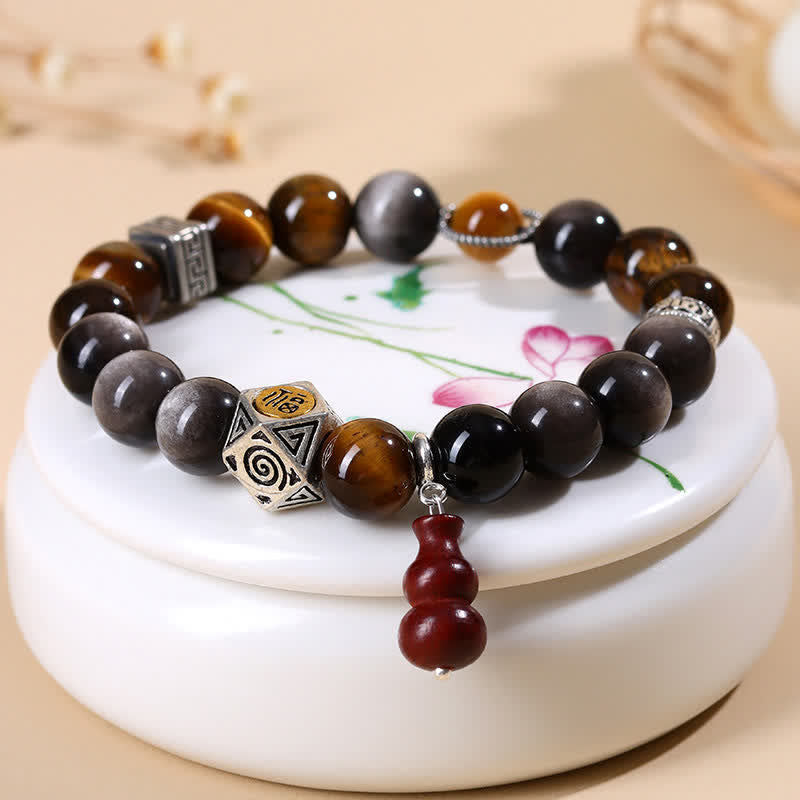 Nimara Ritual Silver Sheen Obsidian Grounding Fu Character Gourd Bracelet