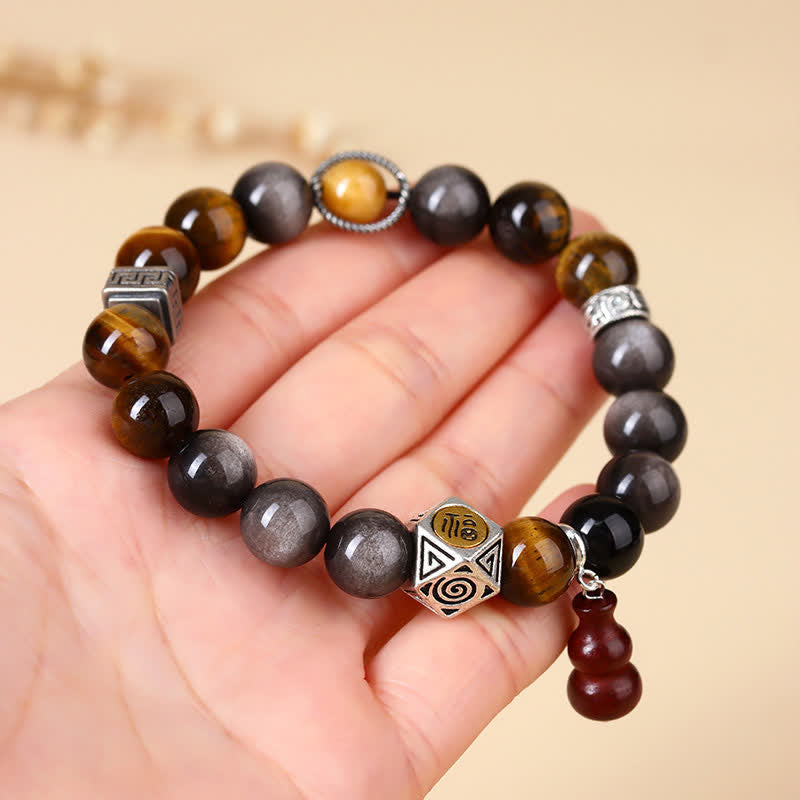 Nimara Ritual Silver Sheen Obsidian Grounding Fu Character Gourd Bracelet
