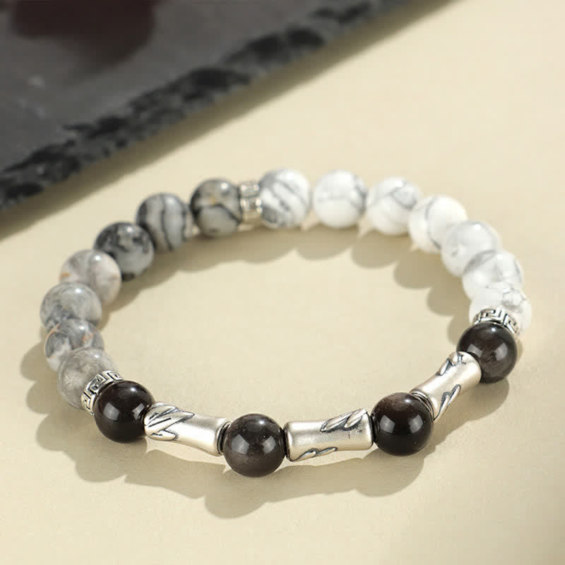 Nimara Ritual 999 Sterling Silver White Turquoise And Silver Sheen Obsidian Bamboo Grounding Round Bracelet