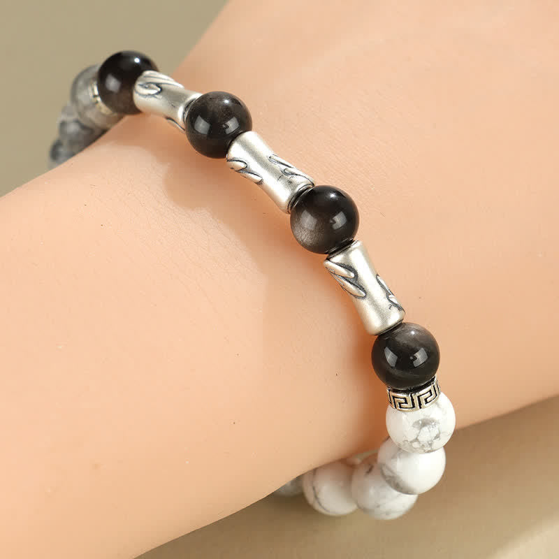 Nimara Ritual 999 Sterling Silver White Turquoise And Silver Sheen Obsidian Bamboo Grounding Round Bracelet