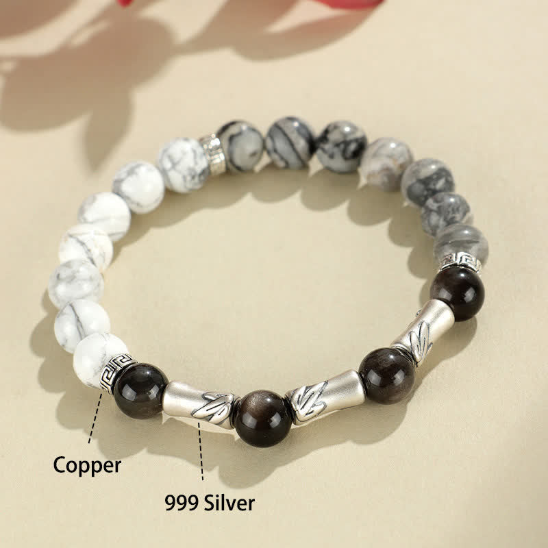 Nimara Ritual 999 Sterling Silver White Turquoise And Silver Sheen Obsidian Bamboo Grounding Round Bracelet