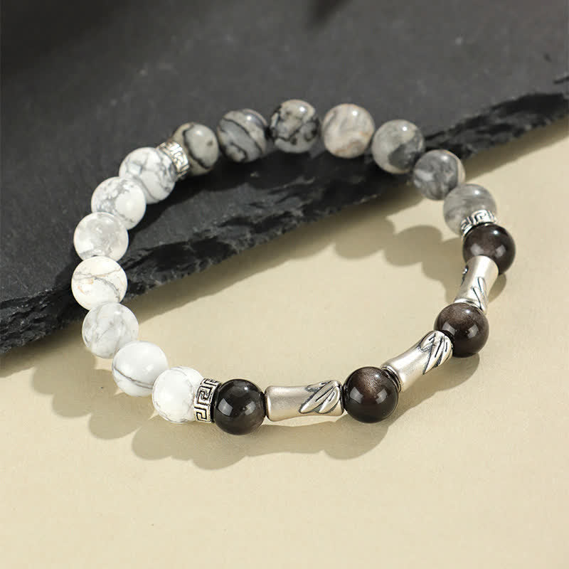 Nimara Ritual 999 Sterling Silver White Turquoise And Silver Sheen Obsidian Bamboo Grounding Round Bracelet