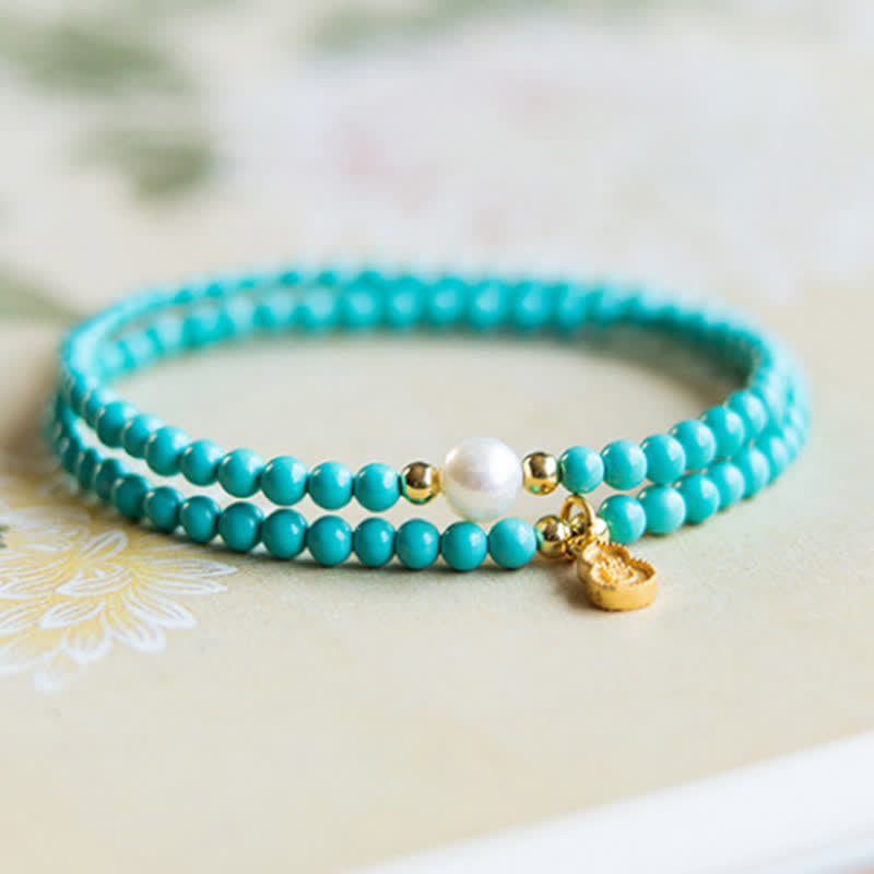 Nimara Ritual Turquoise Pearl Gourd Pendant Double Wrap Protection Handmade Bracelet