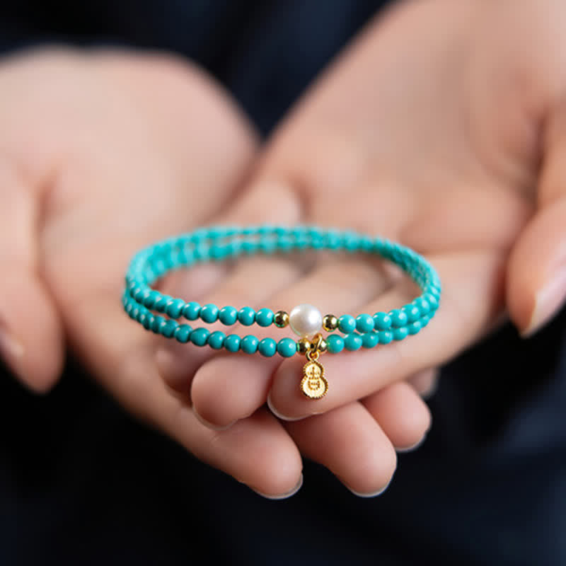 Nimara Ritual Turquoise Pearl Gourd Pendant Double Wrap Protection Handmade Bracelet