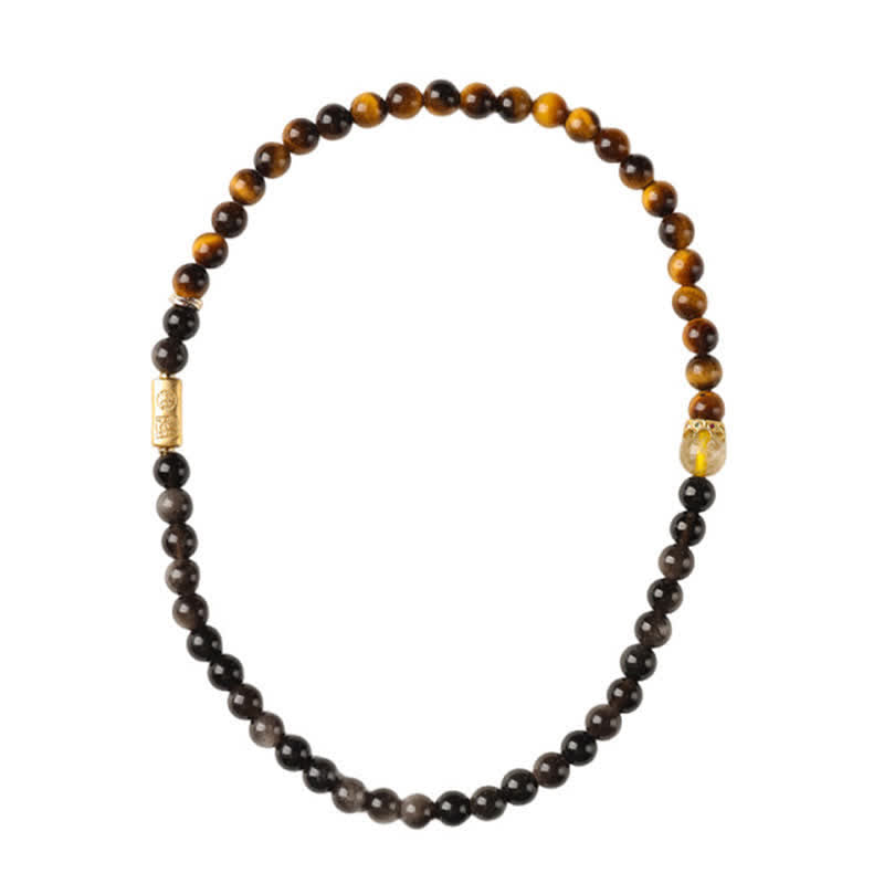 Nimara Ritual Tiger Eye Silver Sheen Obsidian Prosperity Hand-Woven Double Wrap Bracelet