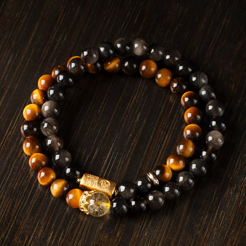 Nimara Ritual Tiger Eye Silver Sheen Obsidian Prosperity Hand-Woven Double Wrap Bracelet