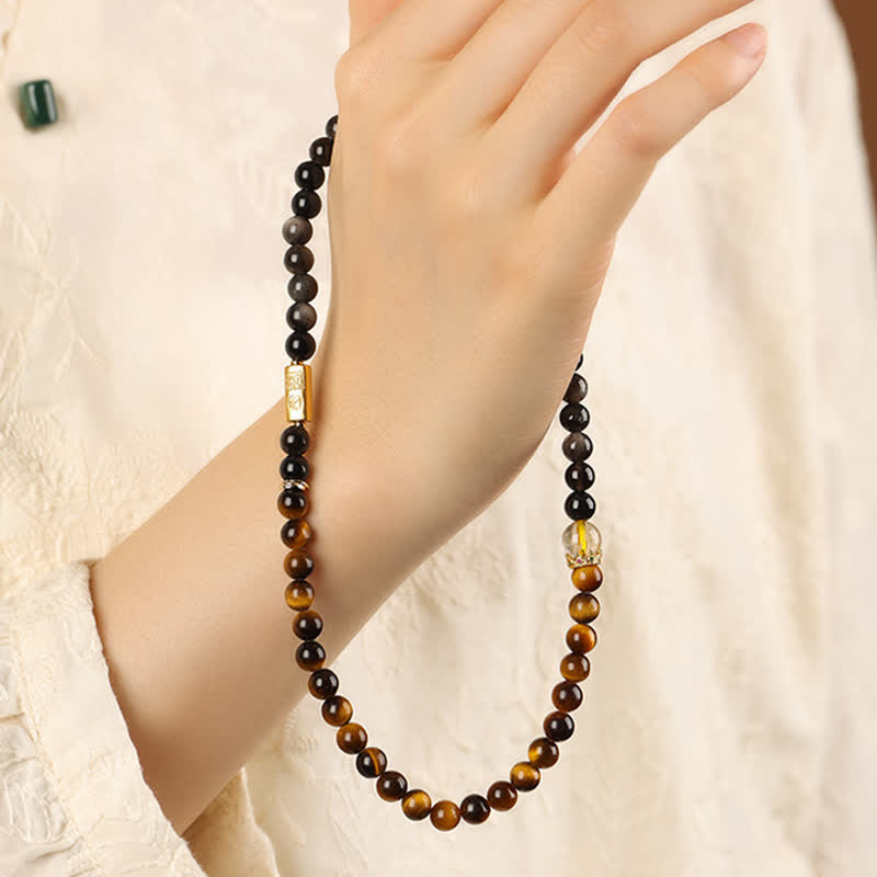 Nimara Ritual Tiger Eye Silver Sheen Obsidian Prosperity Hand-Woven Double Wrap Bracelet