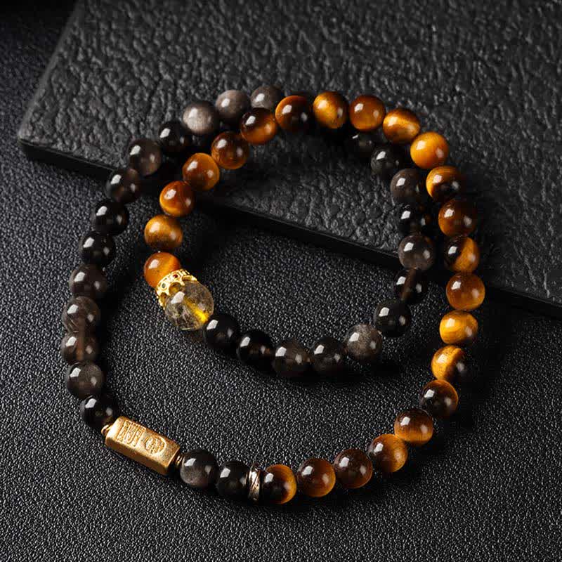 Nimara Ritual Tiger Eye Silver Sheen Obsidian Prosperity Hand-Woven Double Wrap Bracelet