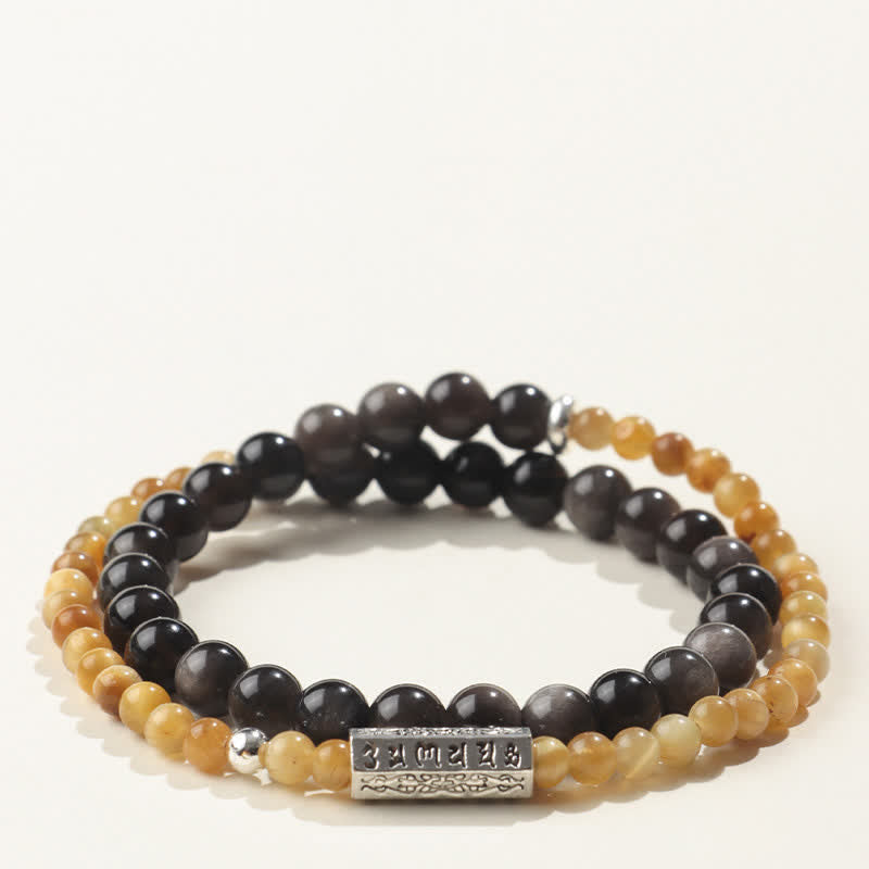 Nimara Ritual Silver Sheen Obsidian Om Mani Padme Hum Grounding Double Wrap Bracelet
