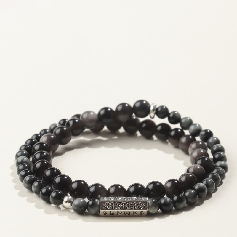 Nimara Ritual Silver Sheen Obsidian Om Mani Padme Hum Grounding Double Wrap Bracelet