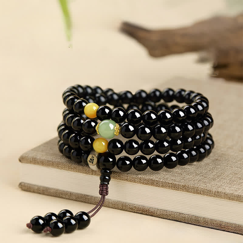 Nimara Ritual Black Obsidian Chinese Zodiac Protection Hand Polished 108 Bead Tassel Mala