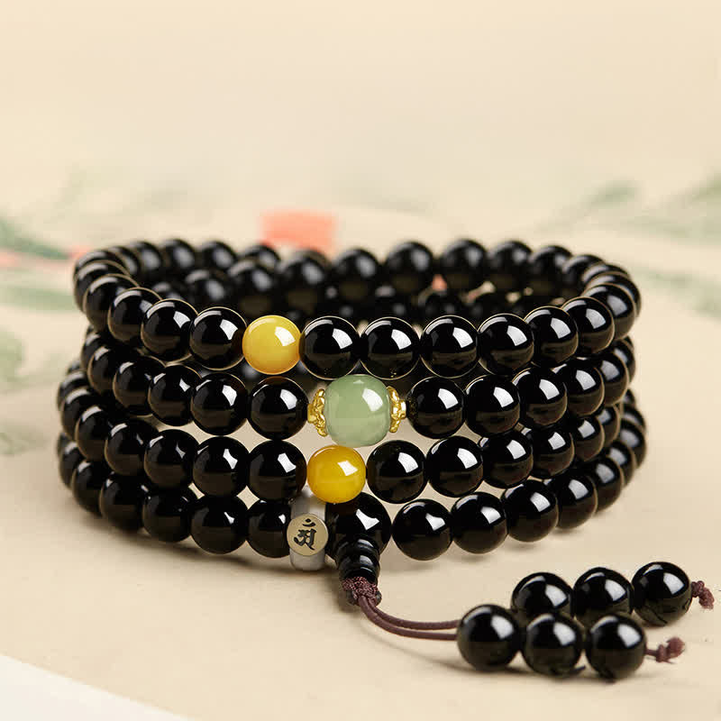 Nimara Ritual Black Obsidian Chinese Zodiac Protection Hand Polished 108 Bead Tassel Mala