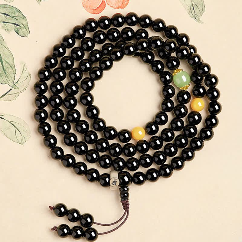 Nimara Ritual Black Obsidian Chinese Zodiac Protection Hand Polished 108 Bead Tassel Mala