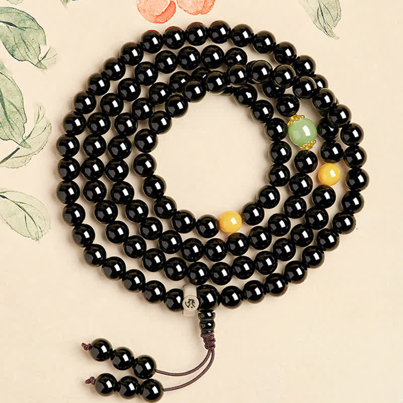 Nimara Ritual Black Obsidian Chinese Zodiac Protection Hand Polished 108 Bead Tassel Mala