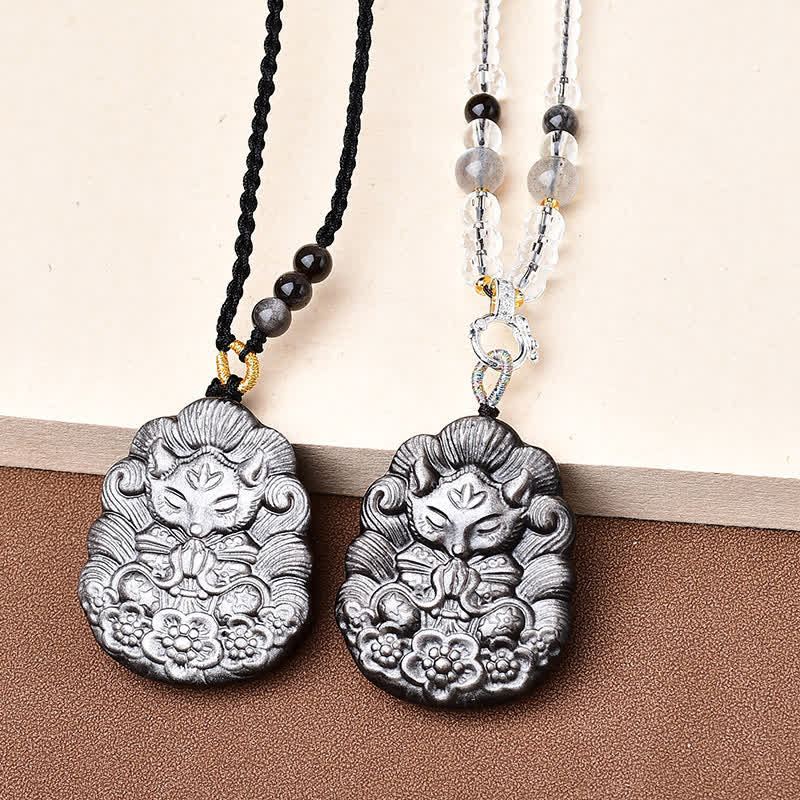 Nimara Ritual Black Obsidian Nine-Tail Fox Protection Hand Carved Necklace